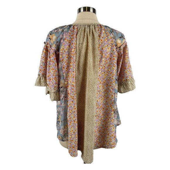 GIGIO USA Small Blouse Floral Ruffle Sleeve Boho Top Front Tassel Tie Flowy - Picture 5 of 10